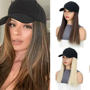 45cm Synthetic  Fashion Black Baseball Cap With Wig One Piece Women Long Straight Hair Adjustable Hat Wig