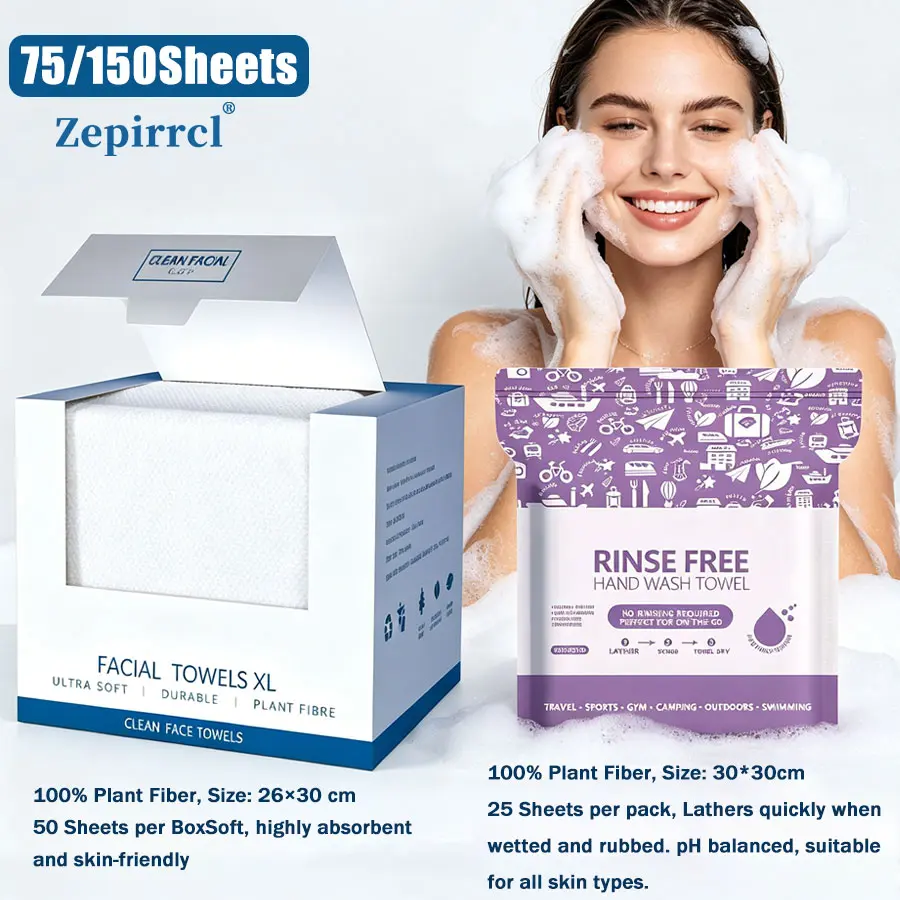 No-Rinse Foaming Towels & Disposable Facial Wipes, 75/150 Sheets. Lather up with water, perfect for travel and senior care. Sizes: 26x30cm, 30x30cm. 25 ct/pack, 50 ct/box.