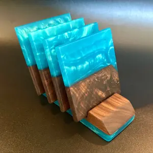 Coaster set with Stand - Walnut with Turquoise Blue Epoxy - 4 set Stylish Tableware