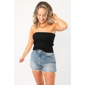 Black Ribbed Fold Over Tube Top Black Ribbed Fold Over Tube Top