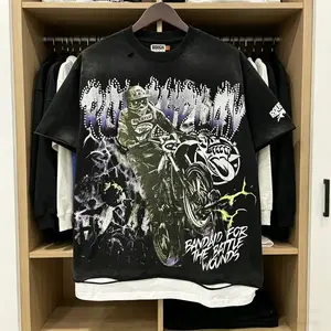 Roughplay Mens American Cotton Vintage T Shirt Jesus Skull Rockabilly Print Washed Y2K Hip Hop Streetwear Graffiti Tee TikTok Viral Trend Oversized Unisex Casual High Street Summer Graphic Tee