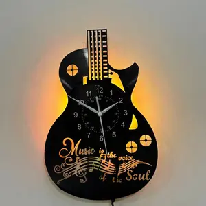 Guitar Wall Clock Silent Non-Ticking Vinyl Music Theme Decorative Color Changing, Plug-In/battery Operated Unique Gift for Musicians