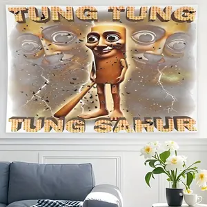 Tung Tung Tung Sahur Italian Brainrot Meme Tapestry Wall Hanging - Peach Light Beige Fabric, Horizontal Orientation, No Electricity Needed, Dorm Room & Living Room Decor, Party Decoration Banner, Dorm Room Decor |     Playful Design |     Durable F