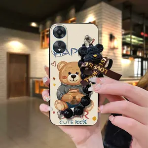 Skin-friendly feel Waterproof Phone Case For OPPO A58 5G/A58X/A78 5G/A1X 5G soft case Black pearl pendant cute Anti-knock Back Cover Simplicity Bear bracelet Cartoon