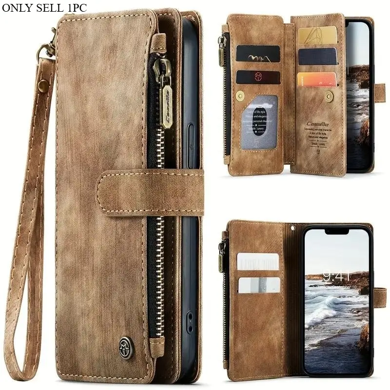 Compatible iPhone 17/16e/16/15/14/13/12 Pro Max Protective Shockproof Case Cover Casing, Wallet Phone Case with Magnetic Flip Strap, Zipper Card Holder Design, Zipper Phone Pouch