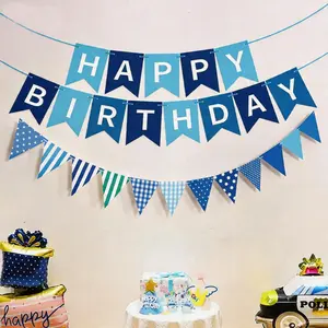 Blue Birthday Banner Set, Includes Blue Triangle Flags, Party Decorations, Hanging Spiral Backdrop, Birthday Party Supplies