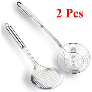 2 Pcs Multi Kitchen Utensil Stainless Steel Cooking Skimmer Slotted Fish Turner Spatula Spoon Colander Drain Water Filter Spoon Ladle Spider Strainer Skimmer Ladle for Cooking &Frying