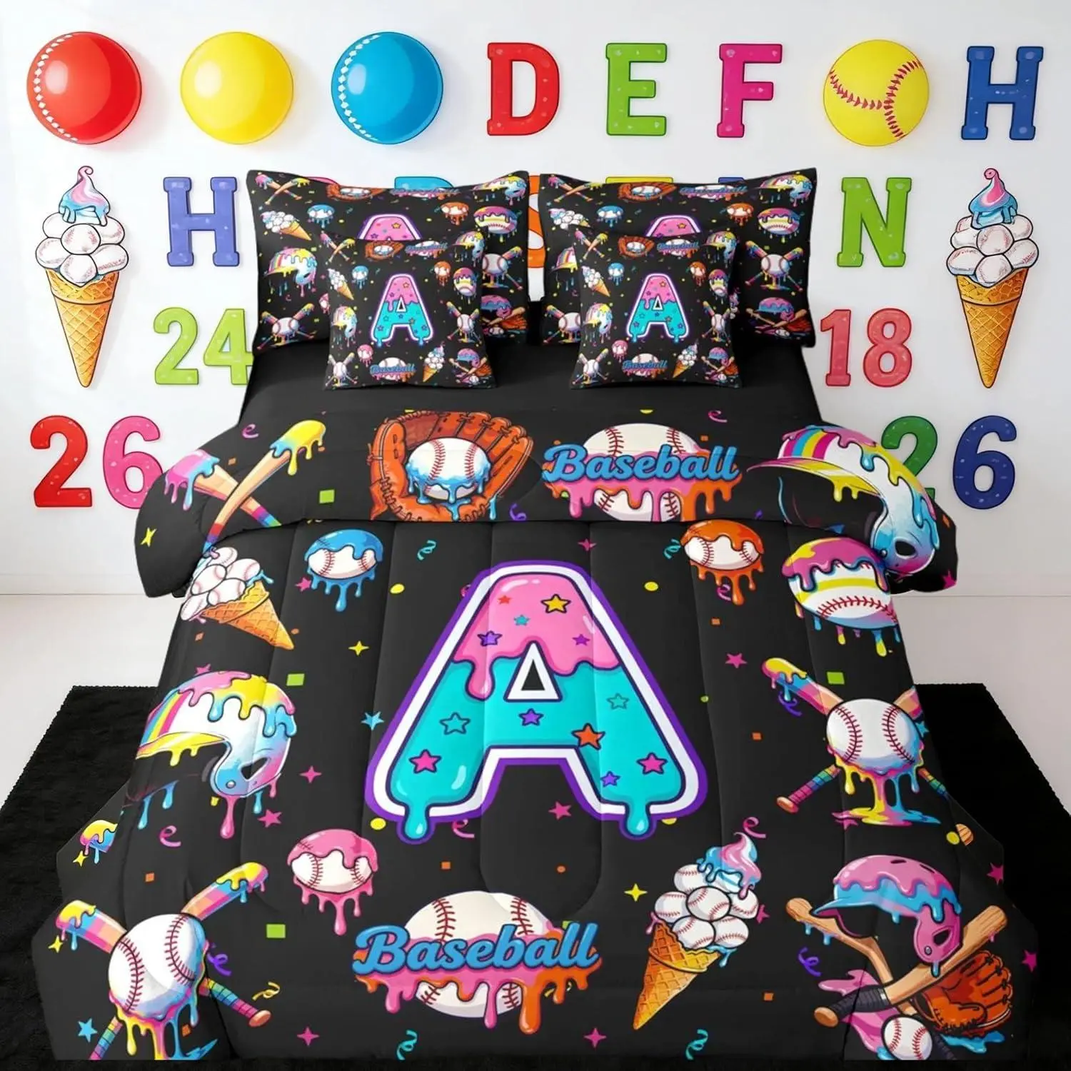 Baseball 7 Piece Bedding Set Personalized Initial A Comforter Set with Sheets,Pillowcases & Cushion Cover for Kids Teens Adults Baseball Sports Bed in a Bag Gaming Sports All Season Soft