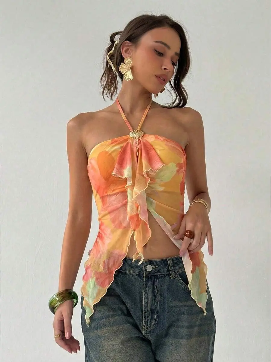 EVO x Aloruh Women's Floral Print Metal Shell Decor Halter Neck Vacation Top