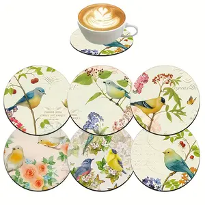 6-piece set of artistic floral and bird illustration wooden coasters, Tableware, heat-resistant, anti-slip decorative coasters, suitable for home, coffee shop, and party decoration art desktop protection pads (without gift box)