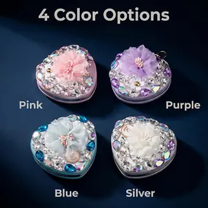 Bling Heart Shaped Double-Sided Makeup Mirror Keychain with Rhinestone Embellishments, Compact Travel Mirror Key Ring for Women Girls, 4 Color Options (Pink/Purple/Blue/Silver), Crystal Decor Keychain for Purse Bag, Birthday Christmas Valentine's Day Gift