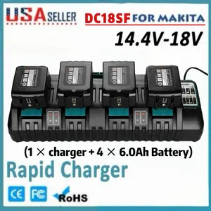 DC18SF For Makita 14.4V-18Volt LXT Lithium-Ion charger 4 Port+4PACK 6Ah for Makita 18v LXT Lithium-lon Battery (BL1840 BL1830B BL1850BBL1850BL1860 BL1815)fast charging with LED indicator