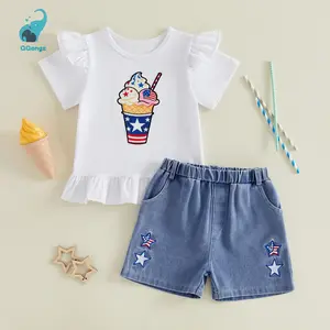 Toddler Baby Girl 4th of July Outfit Star Ice Cream Embroidered Ruffled Trim Short Sleeve Tops and Shorts 2 Pcs Set