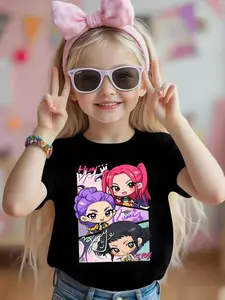 Girls' Casual Sports Short Sleeve with Kpop Hunter Girl Print, Soft Lightweight Material, Fashionable Youth Wear, Lovely Gift for Kpop Fans