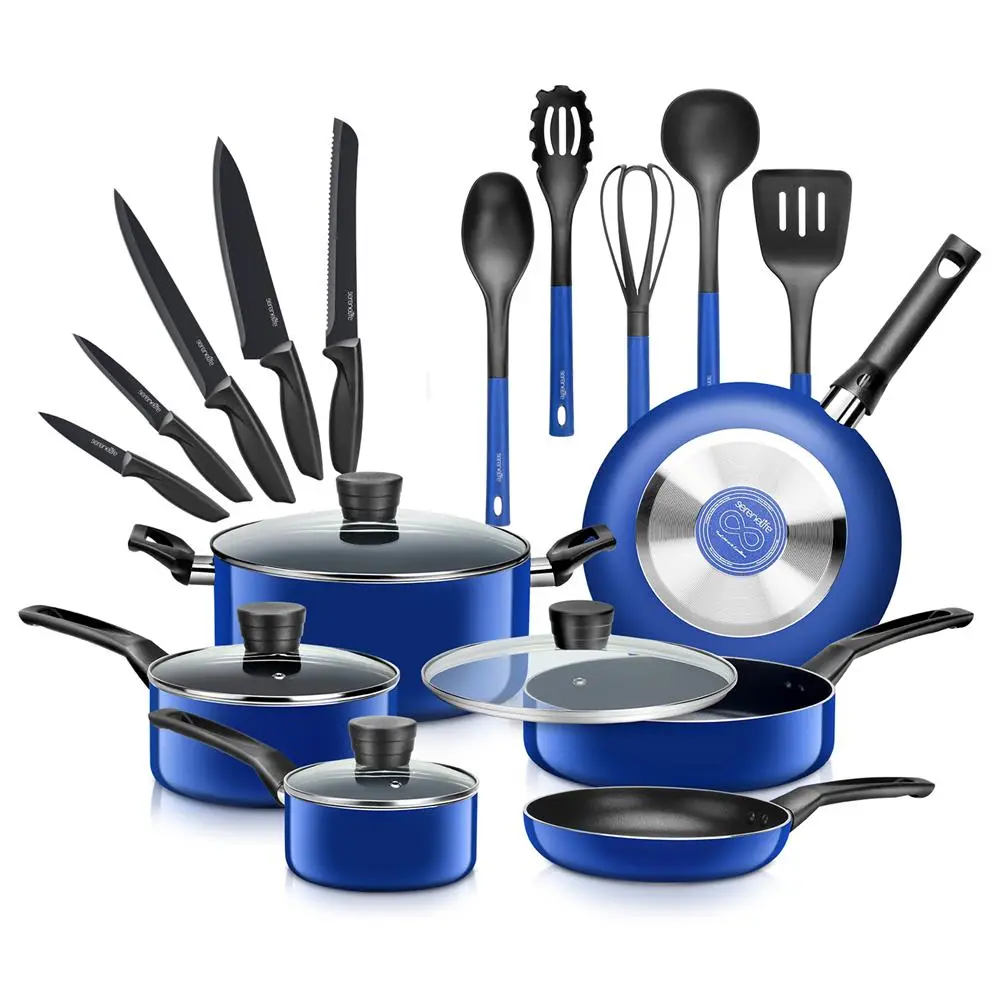 20-Piece Cookware Set - Blue | Nonstick Pots & Pans with Lids, Spoon, Spatula & Knife Set - Heat Resistant Utensils Set - Food Grade Safe & Dishwasher Safe - Daily Use Cookware Accessory