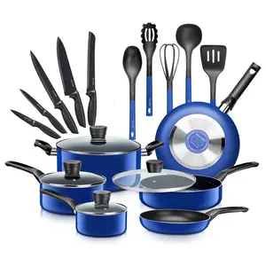 20-Piece Cookware Set - Blue | Nonstick Pots & Pans with Lids, Spoon, Spatula & Knife Set - Heat Resistant Utensils Set - Food Grade Safe & Dishwasher Safe - Daily Use Cookware Accessory