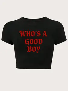 Women's "WHO'S A GOOD BOY" Slogan Print Round Neck Crop Tee, Fashion Casual Streetwear Crew Neck T-shirt for Daily Holiday Vacation Outdoor Wear, Ladies Clothes for Summer, Crop Top