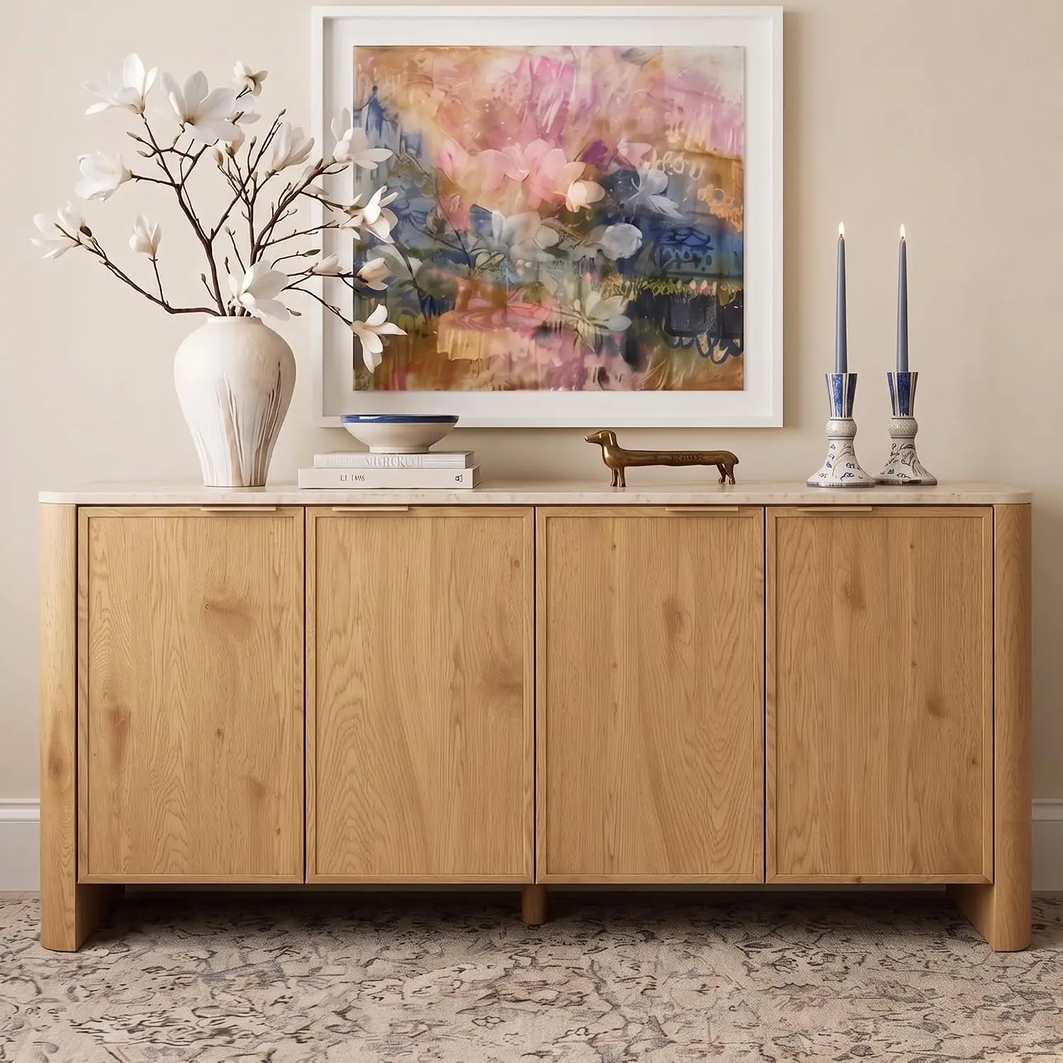 Yechen 63 Inch Sideboard Buffet Cabinet, Faux Marble Top, 4-Door Storage (Natural, Walnut)