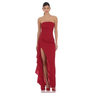 Lucy in the Sky Strapless Ruched Ruffle Maxi Dress in Maroon
