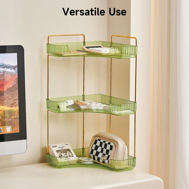 UFORU 3 Tiers Corner Bathroom Counter Organizer, Clear Countertop Shelf Storage Rack, Cosmetic Perfume Tray Standing Holder with Gold Metal Pole, Skincare Sink Organizer for Vanity Kitchen Transparent Smooth