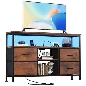 Modern LED TV Stand with 4 Drawers & Power Outlets–50-Inch TV Media Console with Open Shelves,Adjustable Feet,Ideal for Living Room Entertainment & Storage,flexible storage with 4 fabric drawers,Smart LED Entertainment Hub,Easy Assembly,2 AC outlets,2 USB
