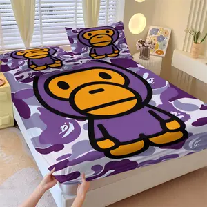 BAPE Baby Milo Purple Camo Fitted Sheet Set, Bed Sheets, 1 Fitted Sheet and 2 Pillowcases, ABC CAMO and Cartoon Ape Image, Soft Skin-Friendly Anti-Slip Wrinkle Resistant, Cute Street Style Bedroom Decor for Fans