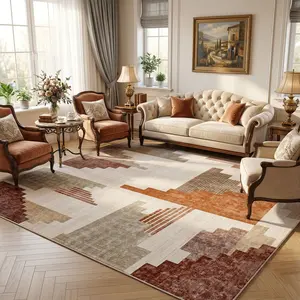 Living Room Area  With Geometric Orange Pattern, Large Non-Slip Backing , Modern Washable Carpet for Bedroom, Dining Room, Home Office, 0utdoor Rug