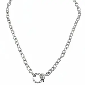 Silver Textured Oval Link Chain Necklace with Pave Diamond Clasp