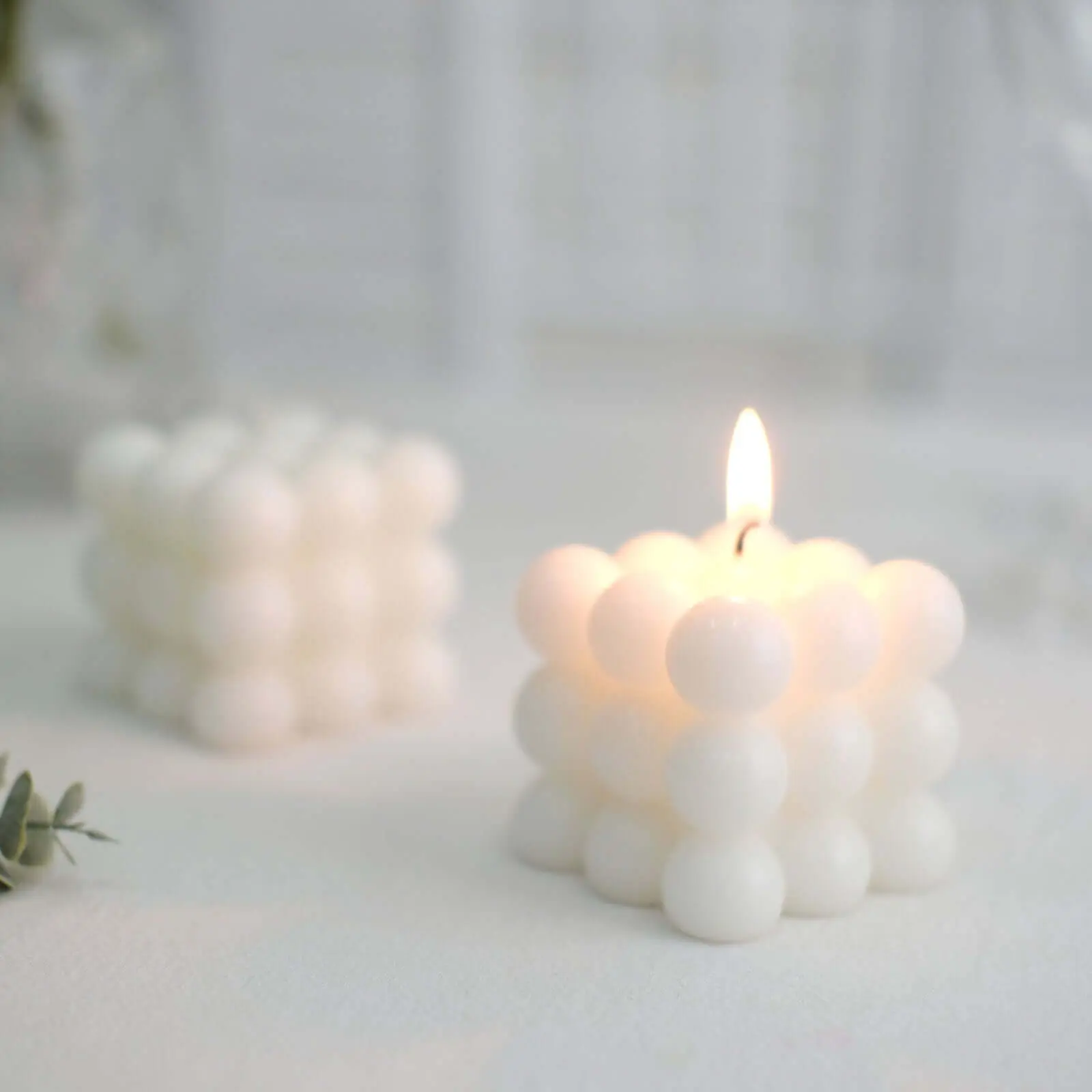 Home Decor 2-Piece Long-Burning Unscented Paraffin Wax Bubble Cube Candles - 2" White Pillar Set for Weddings, Restaurants, Churches