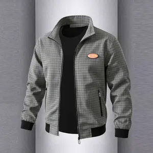Men's Sports Stand-Up Collar Jacket with Zipper Closure Ribbed Elastic Cuffs Hem Plaid Print Casual Coat for Spring Autumn Daily Wear Outdoor