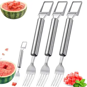 Stainless Steel Watermelon Fork 2 in 1 Cutter Fork Portable Fruit Tool for Kitchen Utensils & Gadgets Easy Cube Slicing for Home BBQs Parties
