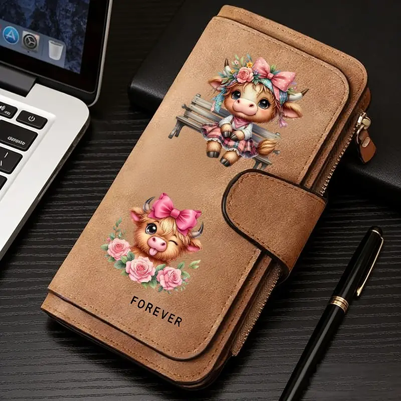 1 Pc Highland Cattle Pattern Women's Long Wallet, Multi-Functional Cow Print Bifold, Portable Snap Coin Purse, Birthday Gift & Daily Commuting Essential, for Outdoor & Travel Use