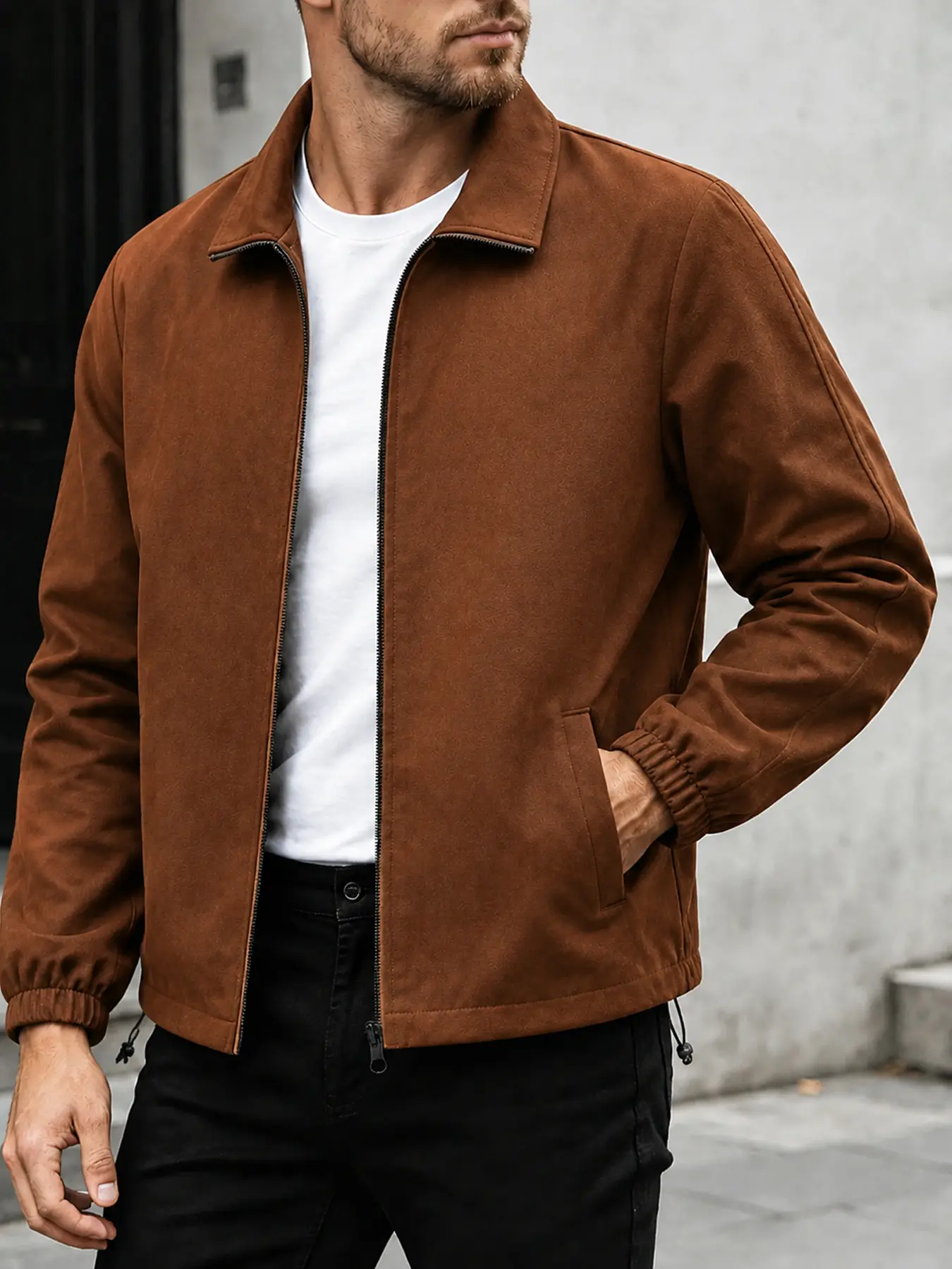 Men Casual Jacket Suede Harrington Style  Full Zip Lightweight Layering Jacket with Drawstring Hem for Back to School Office Casual Wear