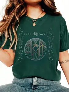 Sleep Token Symbol Graphic Print Fitted Tee Women Vintage Washed Gothic Grunge Rock Band Casual Streetwear T-Shirt