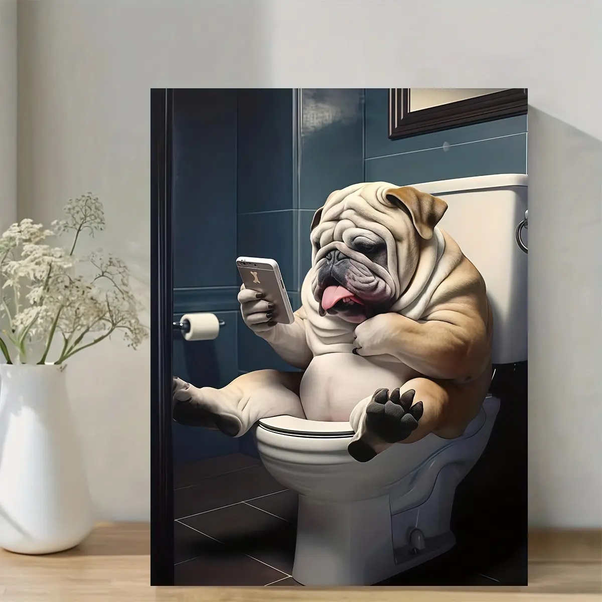 A Funny English Bulldog Sitting on the Toilet Reading a Phone, Painted on Canvas, Size 30.48x40.64cm, Wall Art Poster, Creative Modern Decoration, Wooden Frame Creative Canvas Oil Painting, Suitable for Home Bathroom Decoration, Unique Artwork for Coffe