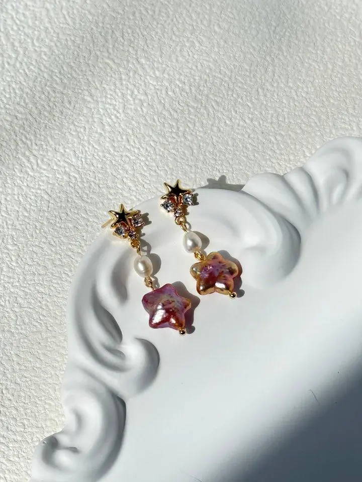 Starry Purple Pearl Drop Earrings - Elegant Sweet Dreamy Design with Natural Freshwater Pearls & Cubic Zirconia Accents