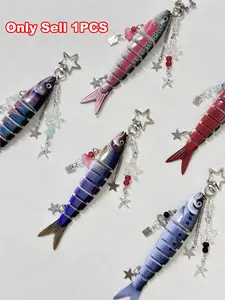 Novelty Star & Fish Keychain, Jointed Realistic Fish Lure Keyring with Beaded Charm, Good Luck Kawaii Fish Key Pendant Trinket for Bags and Backpacks