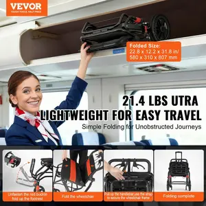 VEVOR Wheelchair, Aluminum Alloy Ultra-Lightweight Transport Chair for Adults, Foldable Wheelchair with Flip-Back Desk-Length Arms, Self-locking Brake, 18-Inch Wide Seat, 220lbs Weight Capacity