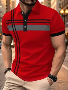 Men's Striped Polo Shirt with Contrast Edging, Summer Fashion Short Sleeve Top with Button Placket, Trendy Casual Wear for Men