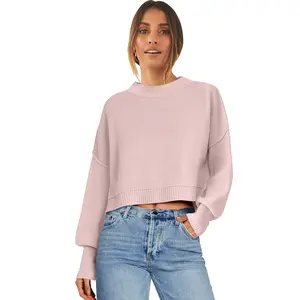 ANRABESS Women's Crew Neck Cropped Sweater - 2025 Autumn Winter Womenswear, Batwing Sleeve, Loose-Fitting, Side Slit, Ribbed Knit Oversized Pullover Top