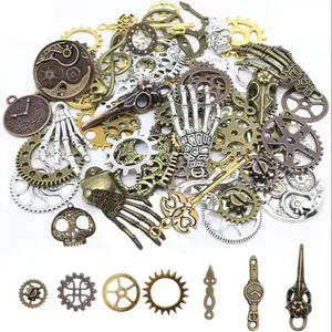90 Piece DIY Vintage Necklace Accessories Set, Steampunk Gear Skull Hand Bone Mixed Pendant, Bronze & Silver Color Jewelry Making Supplies