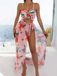 Vela Blue Brazilian Vikinis 2025 3 Piece Bikini Set Women High Waist Push Up & Padded Bra Printed Swimsuit with Skirt