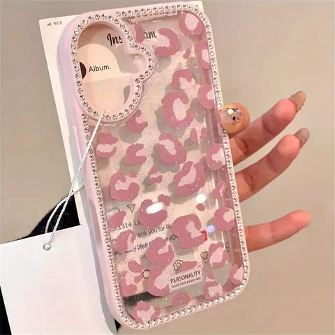 Women's Elegant Leopard Print Glitter Rhinestone Plastic Cellphone Case - Soft, Shockproof, Secure Protector Accessory for iPhone 13 Series,14 Pro Max/Plus,15,16,17,17 Pro Max Handheld Devices