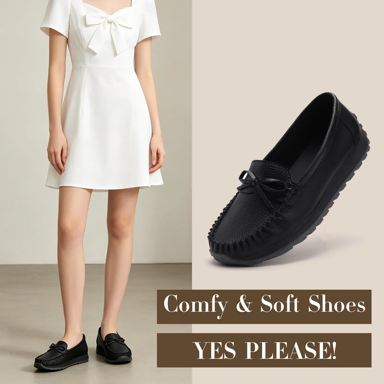 Women's Vintage Leather Slip-On Loafers - Japanese Minimalist Tabi Split-Toe Flats with Bow Accent, Anti-Slip Athletic Walking Shoes with Pig Skin Lining and Rubber Sole
