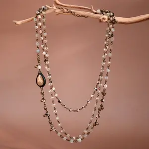 Triple Layered Mixed Glass Bead and Stone Necklace - 7260