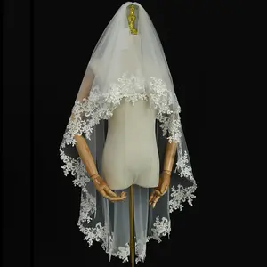 2 Tier Lace Applique Handmade Wedding Bridal Veil with Metal Comb for Brides
