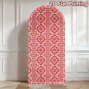 Red Folk Pattern Arch Backdrop Cover Elastic Double-Sided Spandex Fabric for Traditional Wedding Holiday Party Decor Background