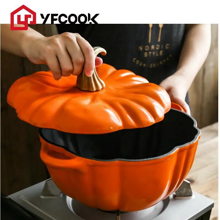 YFCOOK Pumpkin Shaped Enamel Cast Iron Clay Pot 22cm Multifunctional Soup Stew Pot with Customized Lid for Induction Cooker & Oven Safe Cookware
