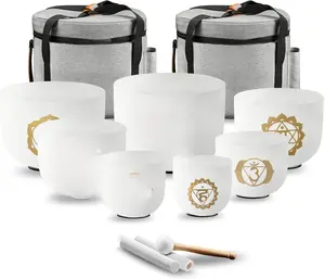 Ryan Dvan 432Hz 7-12 Inch 7 Gold Chakra Design Crystal Singing Bowl Set Frosted Quartz Sound Therapy Kit with Mallets 2 Cases O-Ring for Yoga Meditation Energy Balancing Reiki Healing
