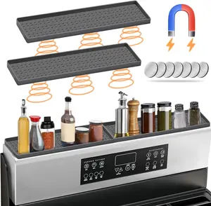 30 Inch Silicone Magnetic Stove Top Shelf, Kitchen Shelf Over Stove Spice Rack Apartment Must Haves Kitchen Gadgets for Above Stovetop Seasoning Organization and Storage with 2 Functional Prtitions Metal Organiser Installation Plastic